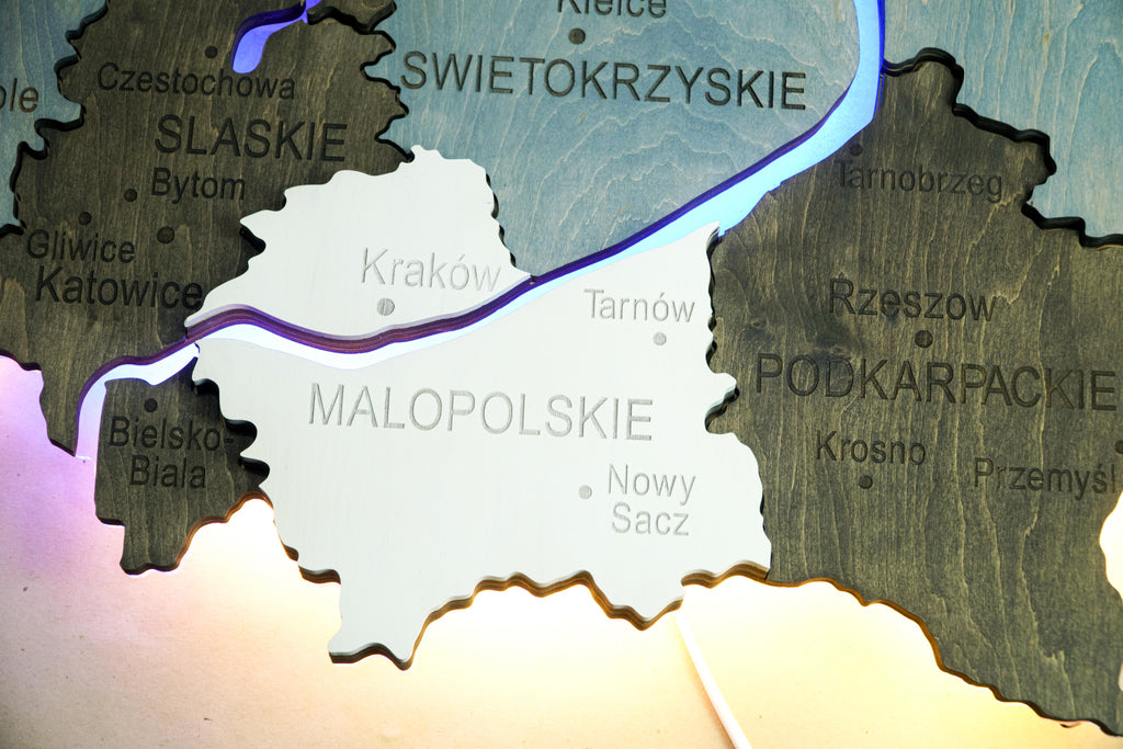 Wooden Multilayer Map of Poland with Illuminated Rivers, color Loft