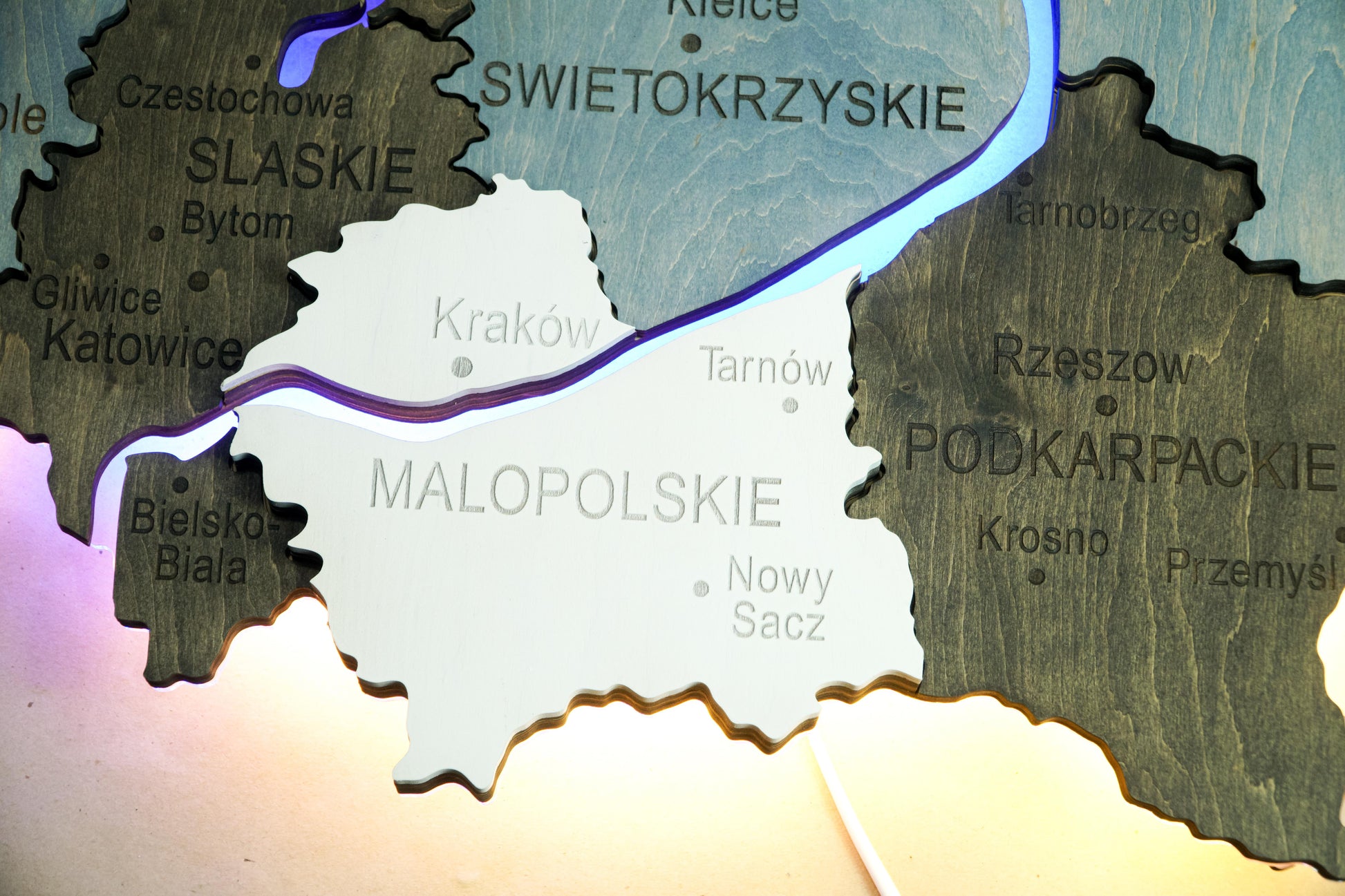 Wooden Multilayer Map of Poland with Illuminated Rivers, color Loft
