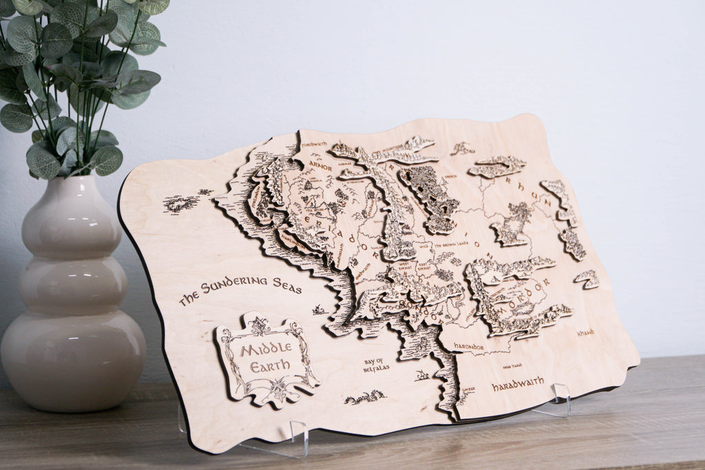 Middle-earth Wooden Map, 3D Wall Art, Lord of the Rings Inspired Decor, Hobbitcore Gift, 19.7"x11.4" Fantasy Map for Tolkien Fans. Natural color