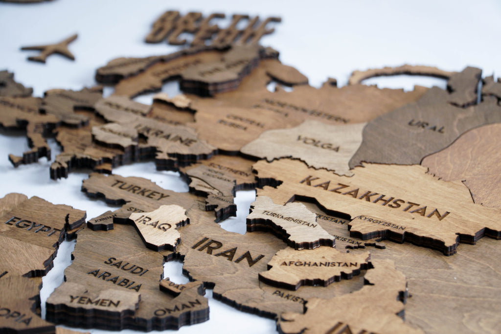 3D Wooden Multilayer world map color Brown