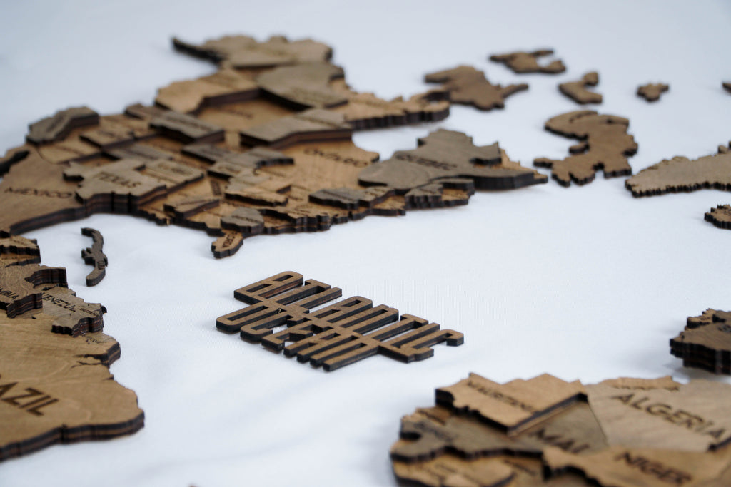 3D Wooden Multilayer world map color Brown