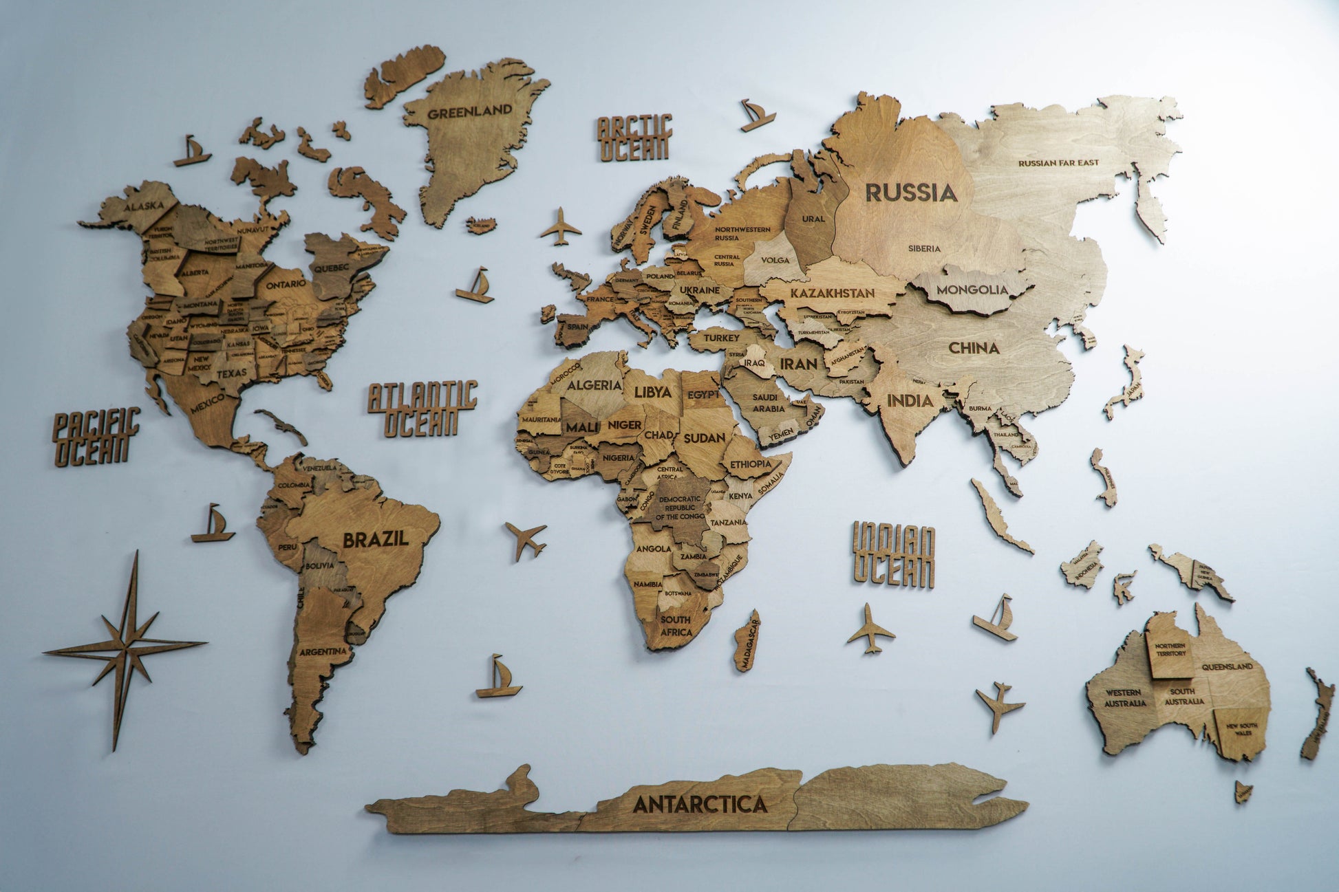 3D Wooden Multilayer world map color Brown