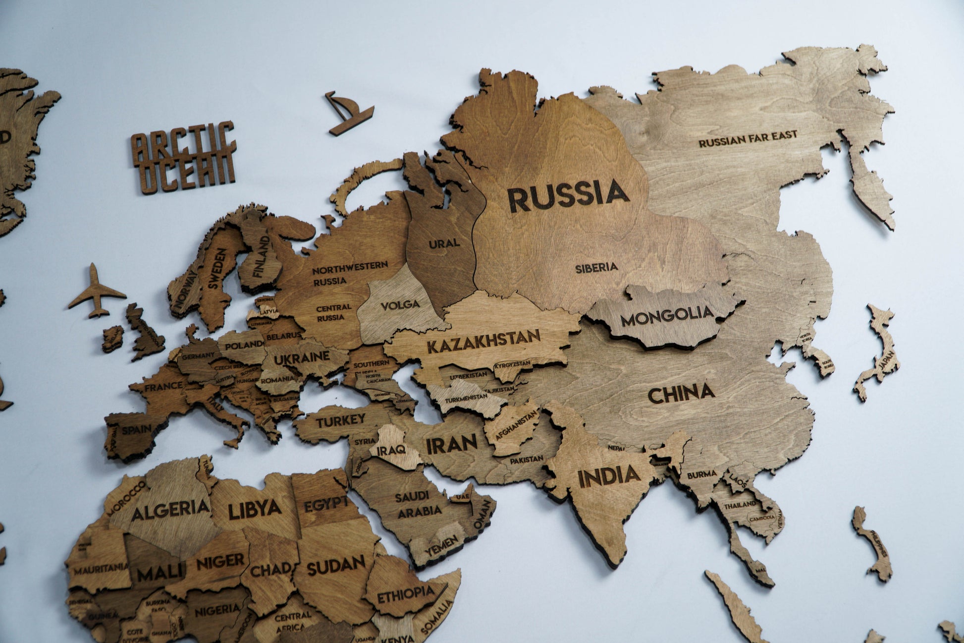 3D Wooden Multilayer world map color Brown