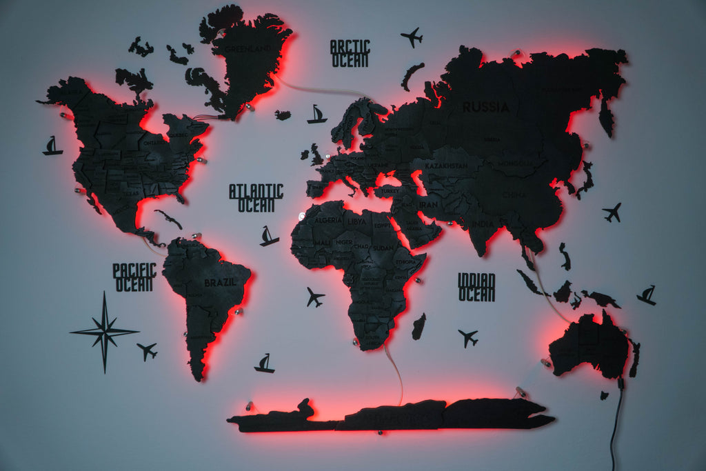 LED 3D Wooden Multilayer world map color Nero