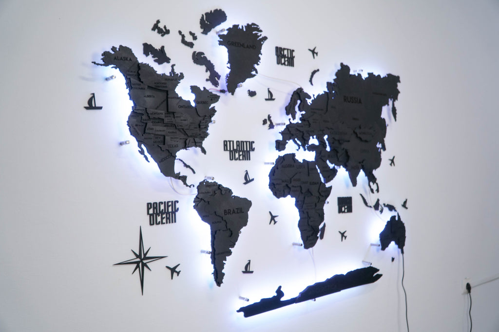 LED 3D Wooden Multilayer world map color Nero