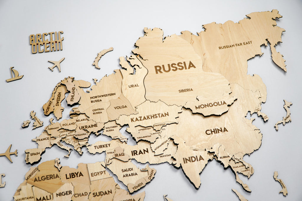 3D Wooden Multilayer world map color Natural