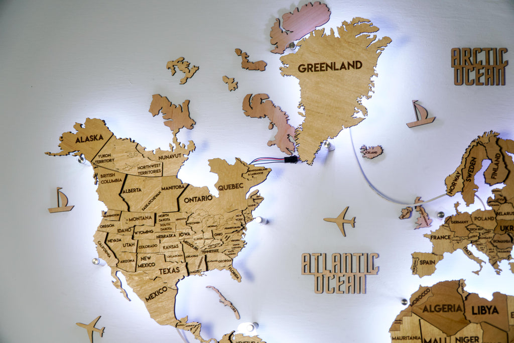 LED 3D Wooden Multilayer world map color Natural