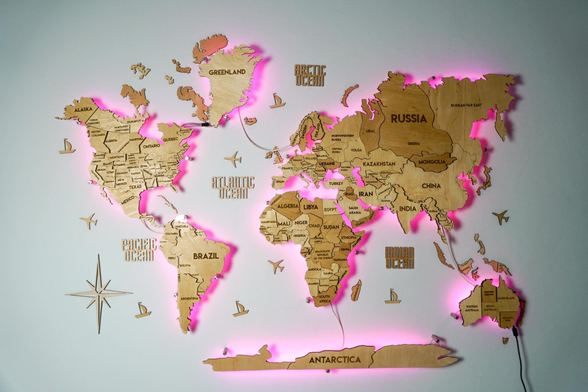 LED 3D Wooden Multilayer world map color Natural