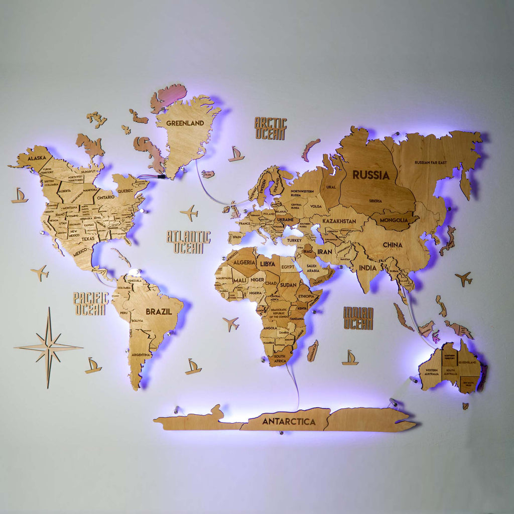LED 3D Wooden Multilayer world map color Natural