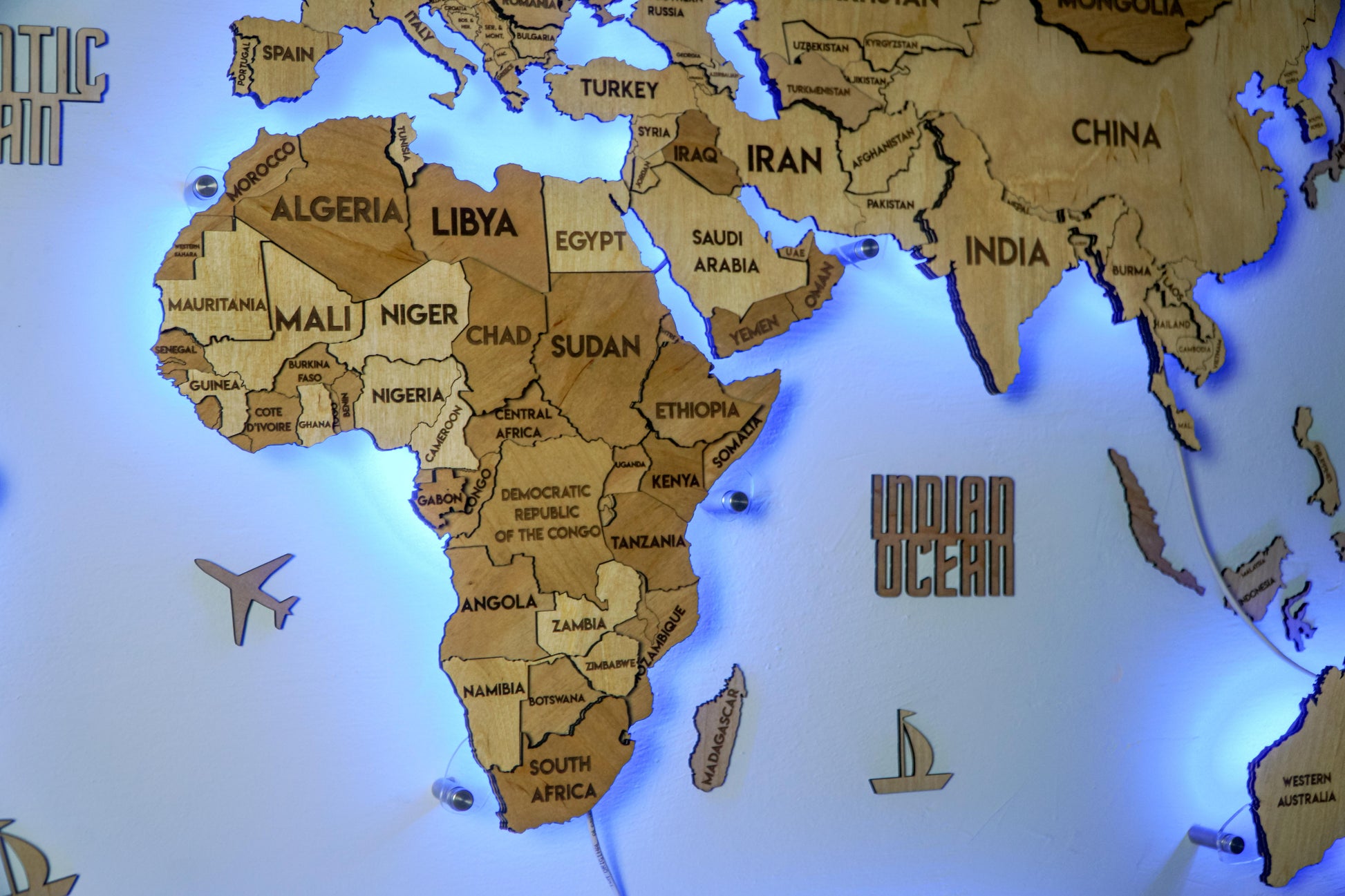 LED 3D Wooden Multilayer world map color Natural