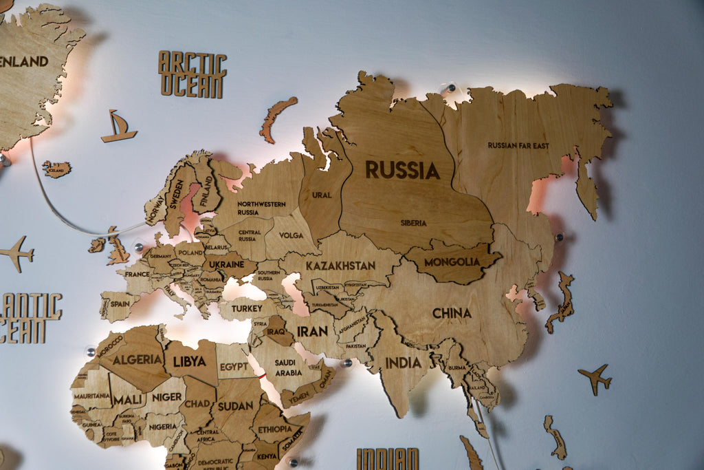 LED 3D Wooden Multilayer world map color Natural