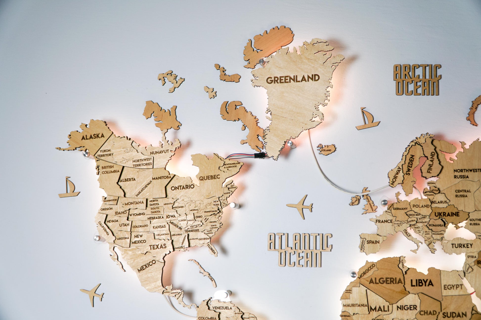 LED 3D Wooden Multilayer world map color Natural