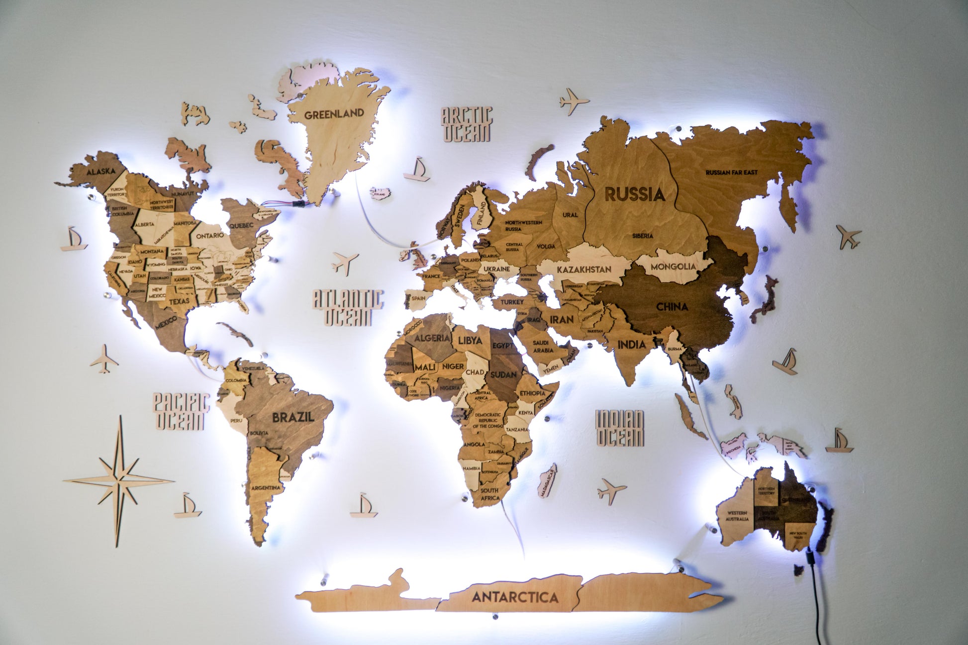 LED 3D Wooden Multilayer world map color Terra