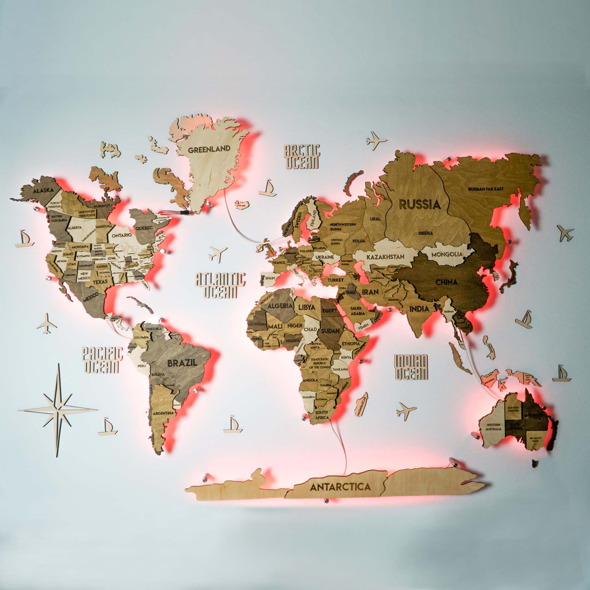 LED 3D Wooden Multilayer world map color Terra