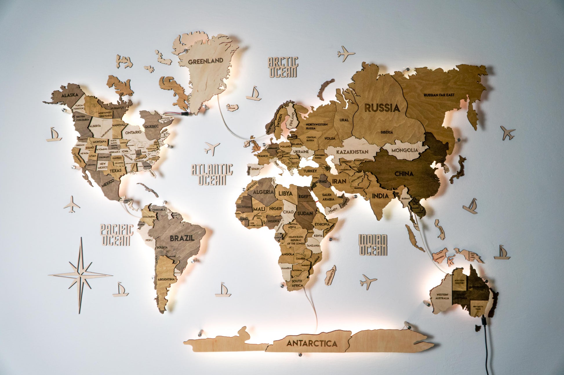 LED 3D Wooden Multilayer world map color Terra