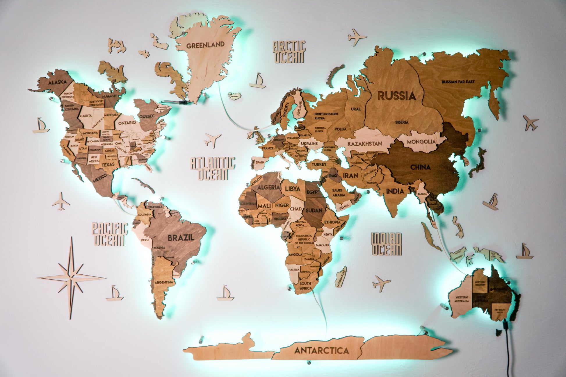 LED 3D Wooden Multilayer world map color Terra
