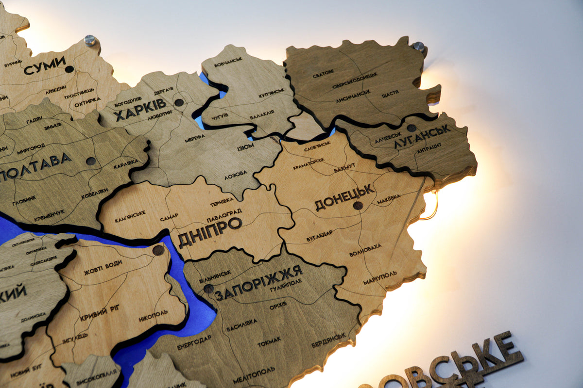 Detailed multilayer Ukraine LED map with backlighting of rivers color Light Tree