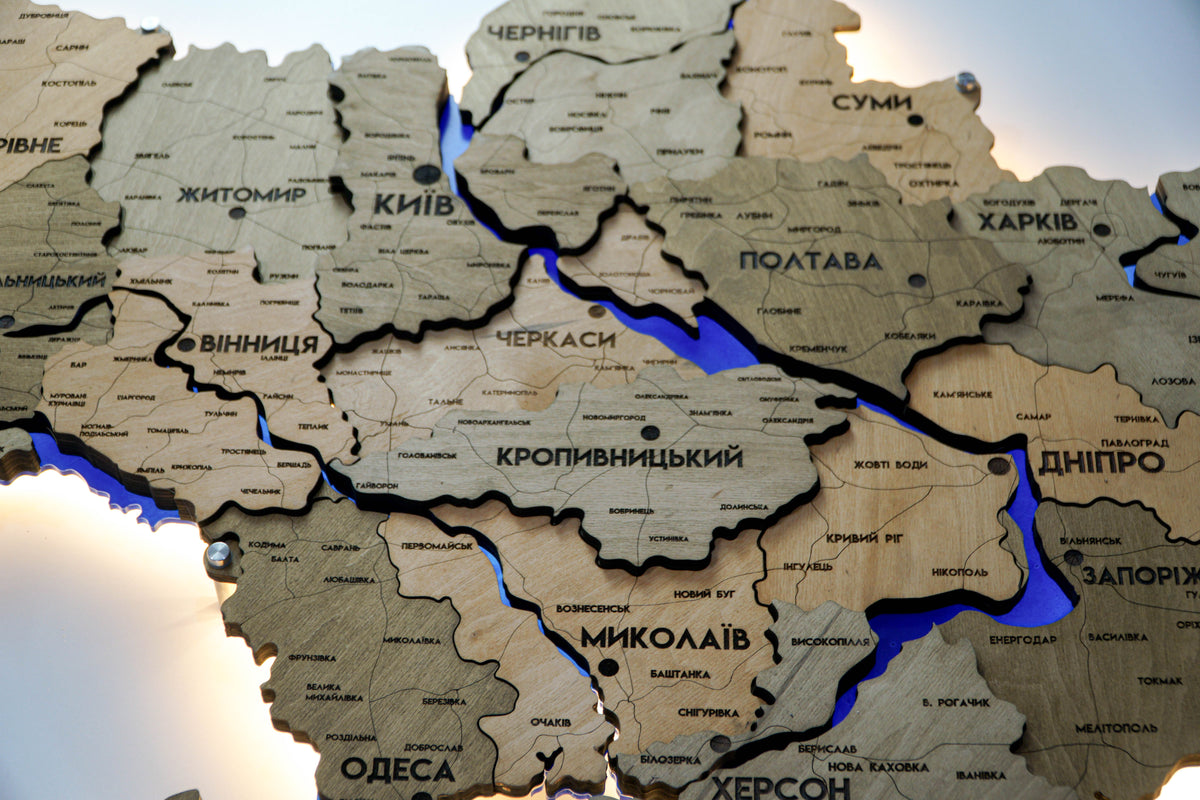 Detailed multilayer Ukraine LED map with backlighting of rivers color Light Tree