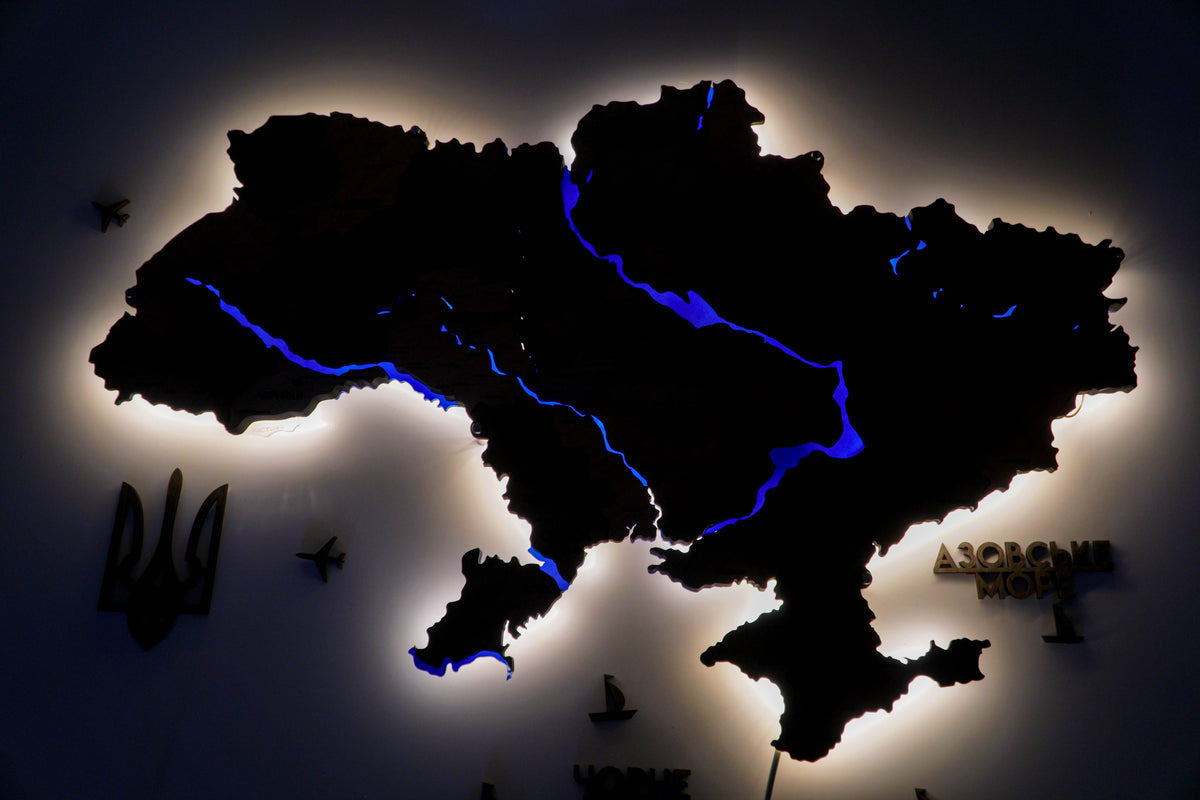 Detailed multilayer Ukraine LED map with backlighting of rivers color Light Tree