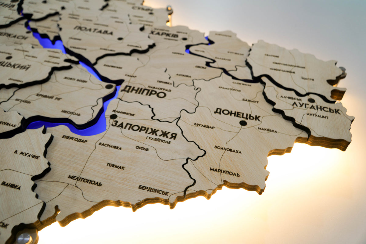 Multilayer Ukraine LED map with backlighting of rivers color Natural