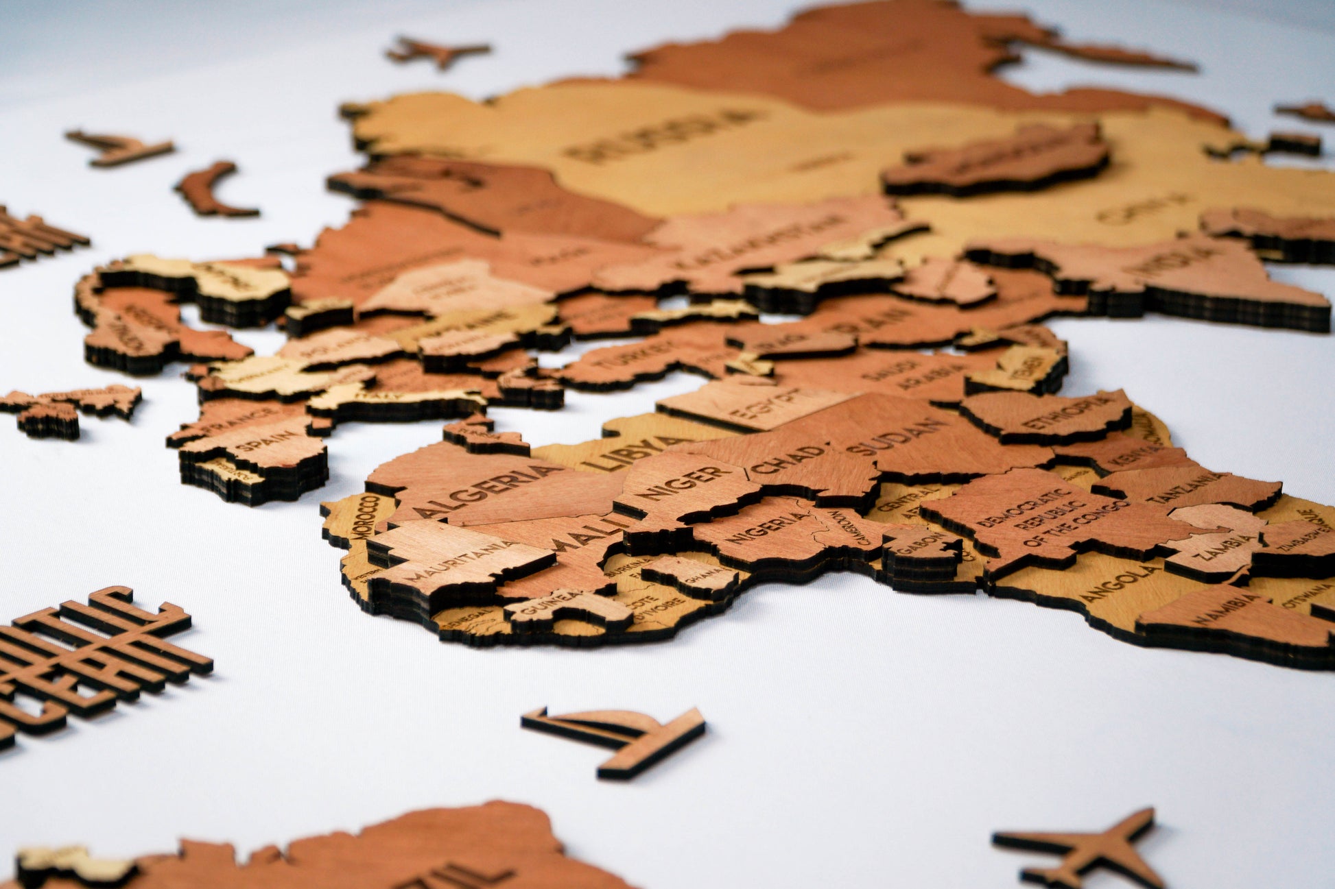 3D Wooden Multilayer world map color Sunrise