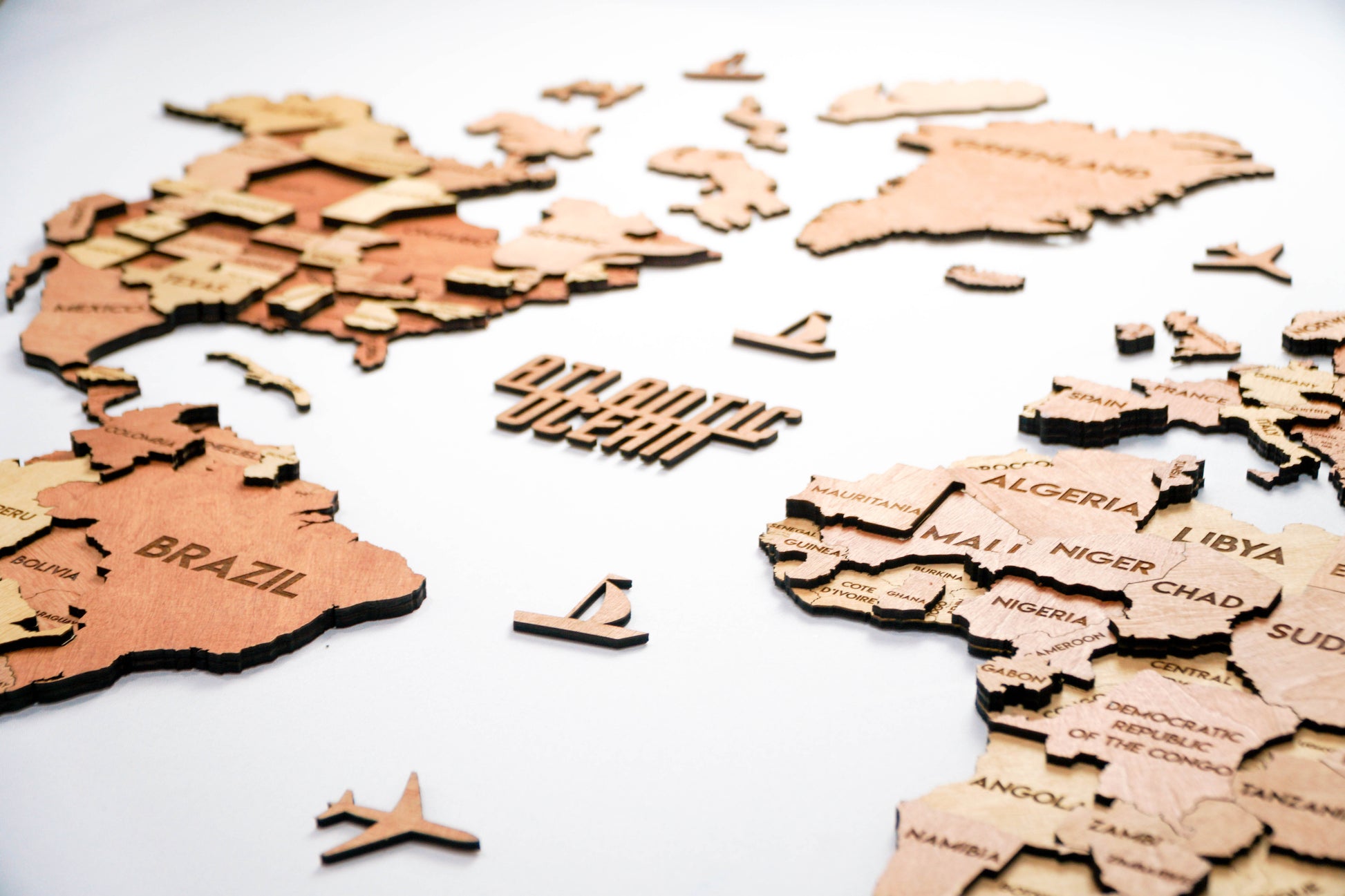 3D Wooden Multilayer world map color Sunrise