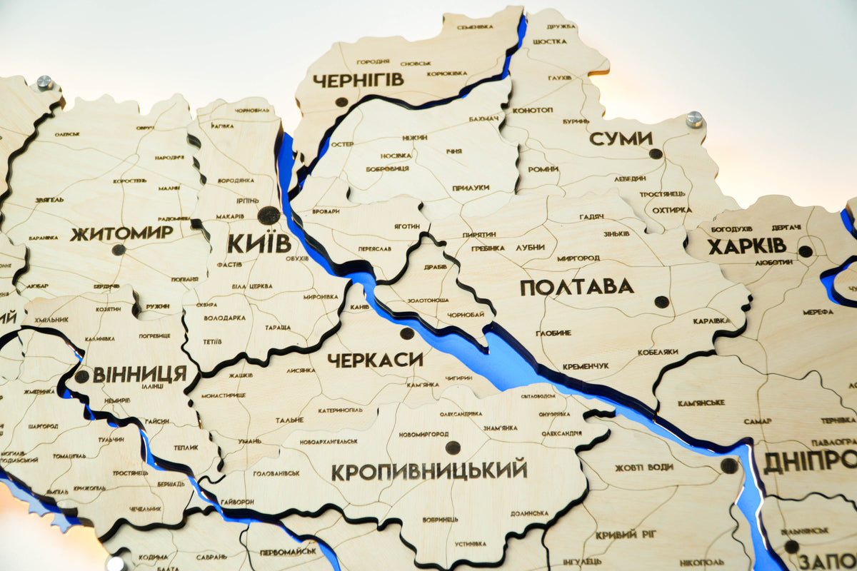Multilayer Ukraine LED map with backlighting of rivers color Natural