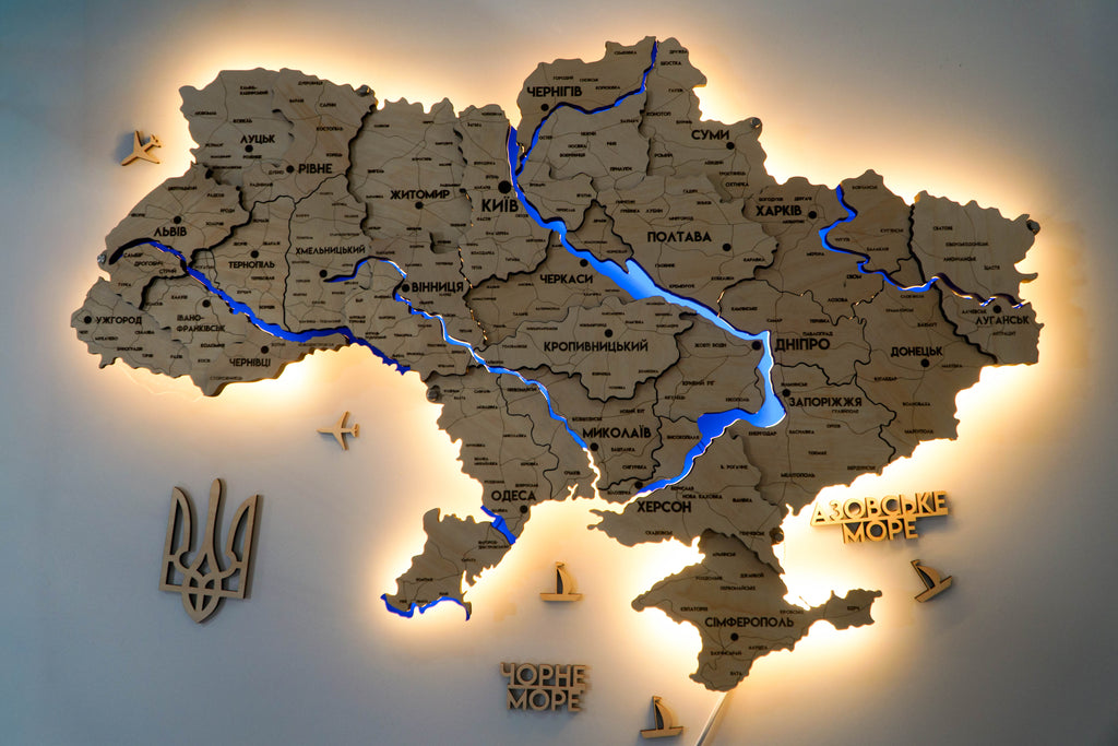 Multilayer Ukraine LED map with backlighting of rivers color Natural