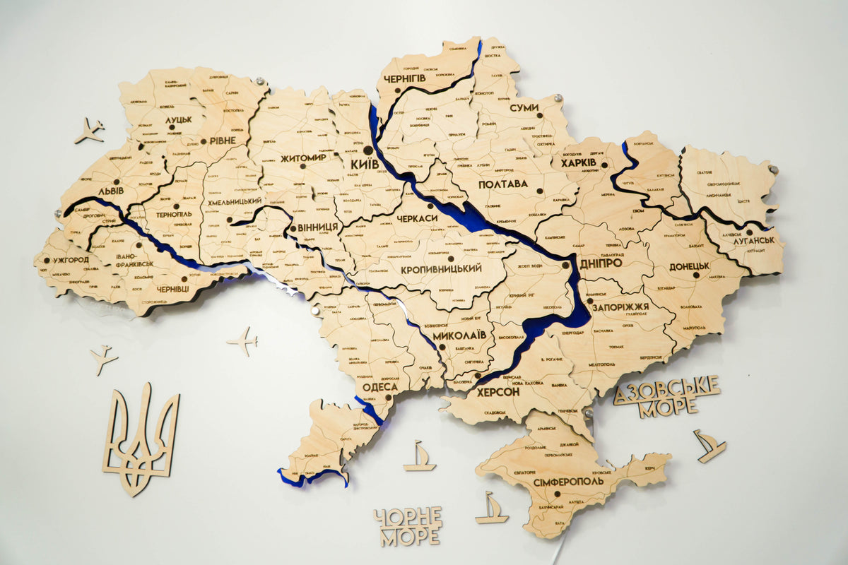 Multilayer Ukraine LED map with backlighting of rivers color Natural