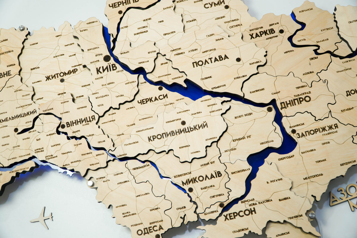 Multilayer Ukraine LED map with backlighting of rivers color Natural