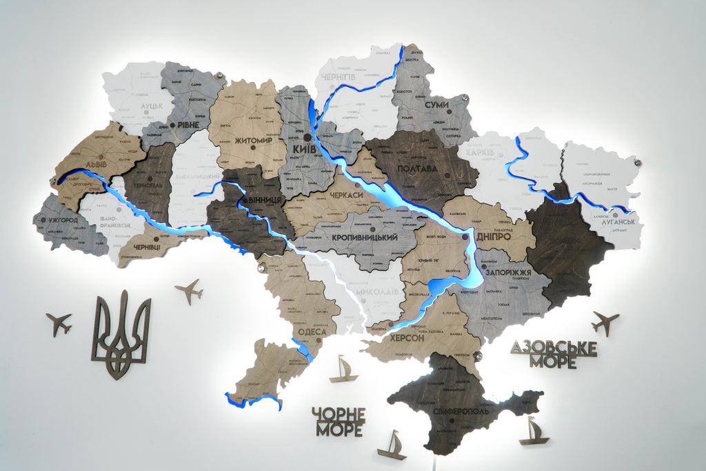 Multilayer Ukraine LED map with backlighting of rivers color Loft