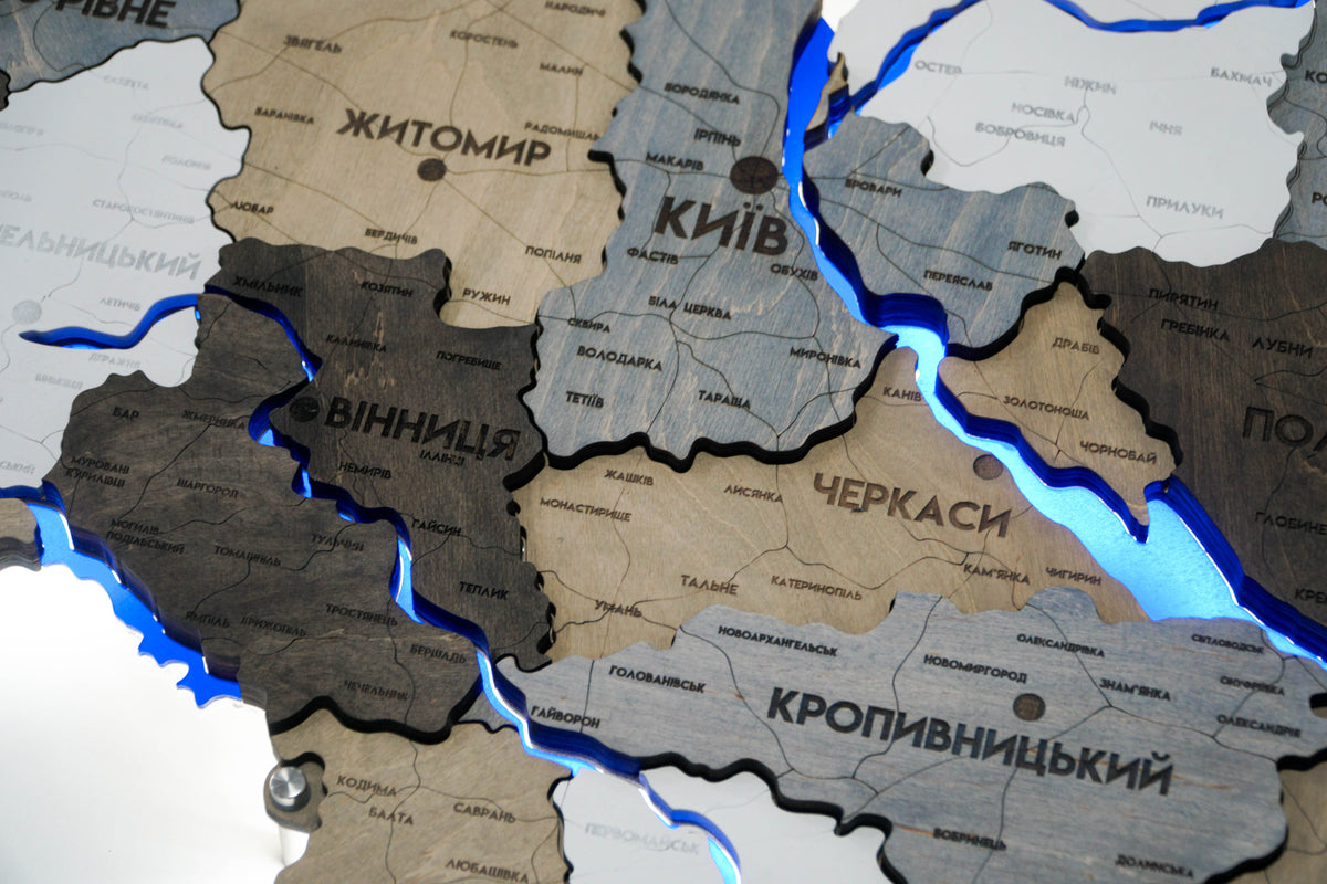 Multilayer Ukraine LED map with backlighting of rivers color Loft