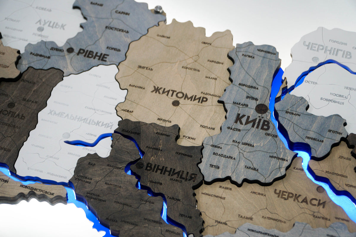 Multilayer Ukraine LED map with backlighting of rivers color Loft
