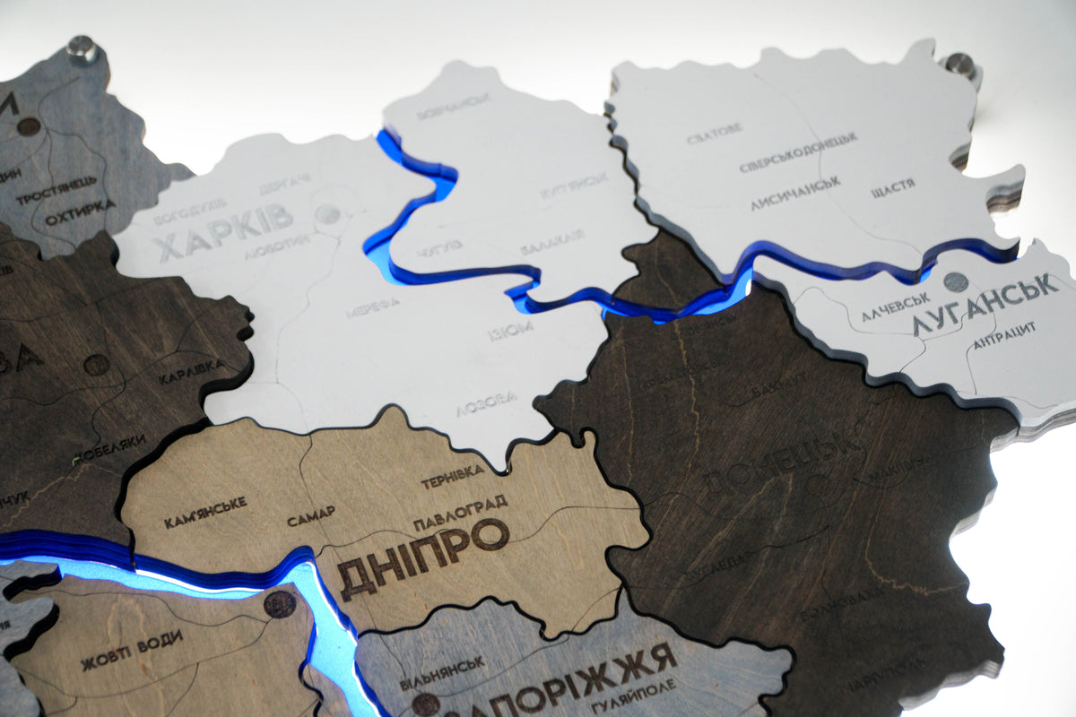 Multilayer Ukraine LED map with backlighting of rivers color Loft