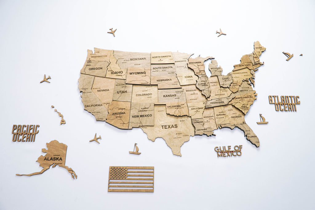 3D Wooden USA Map, color Dark Tree