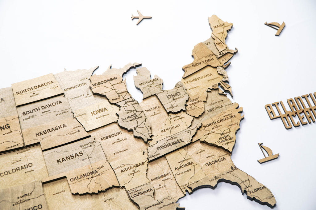 3D Wooden USA Map, color Dark Tree