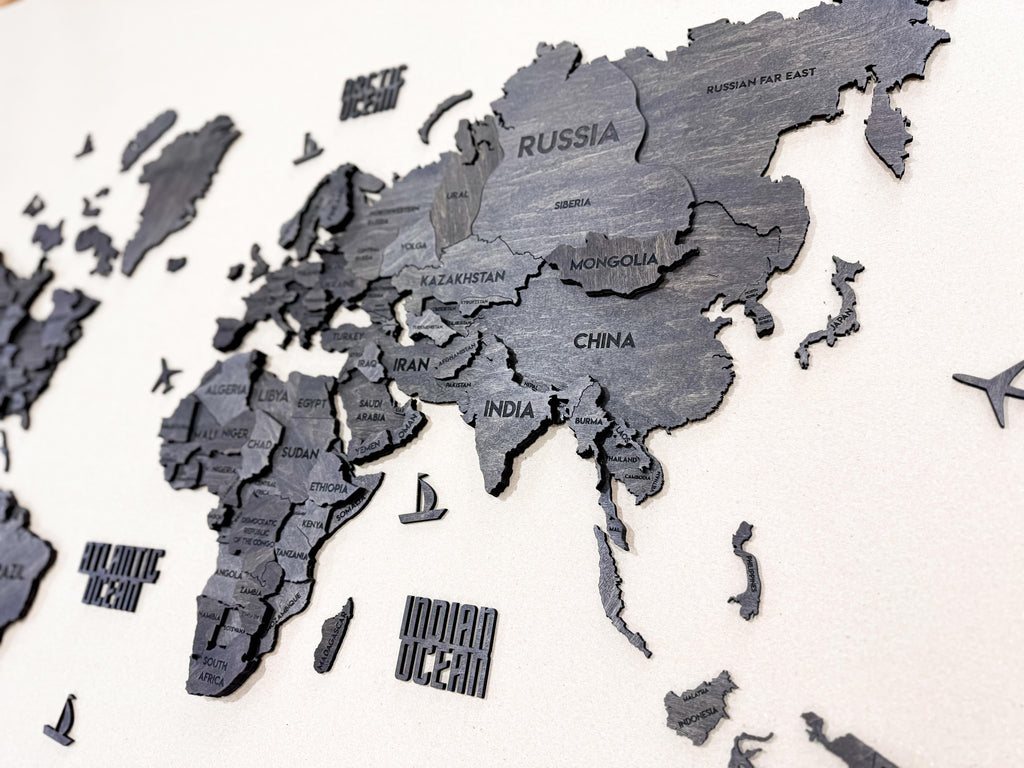 3D Wooden Multilayer world map color Dark