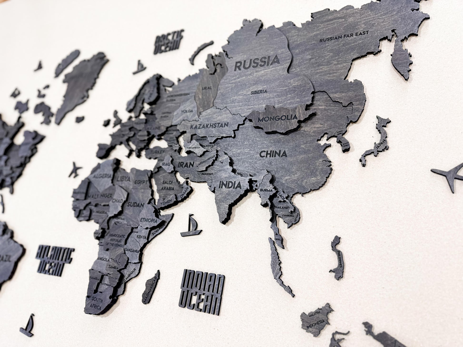 3D Wooden Multilayer world map color Dark