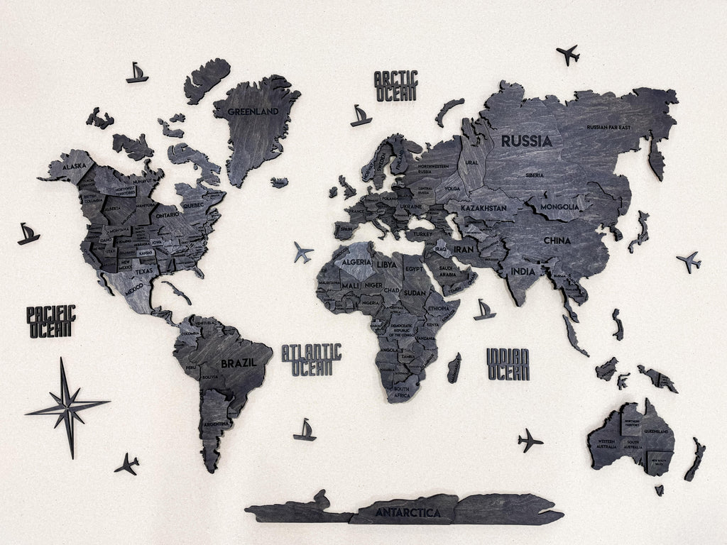 3D Wooden Multilayer world map color Dark