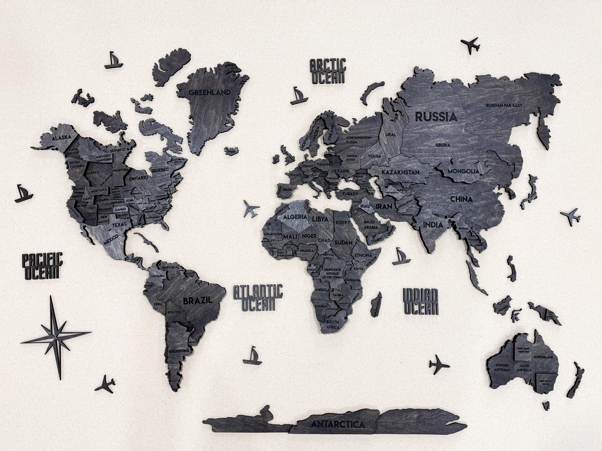 3D Wooden Multilayer world map color Dark