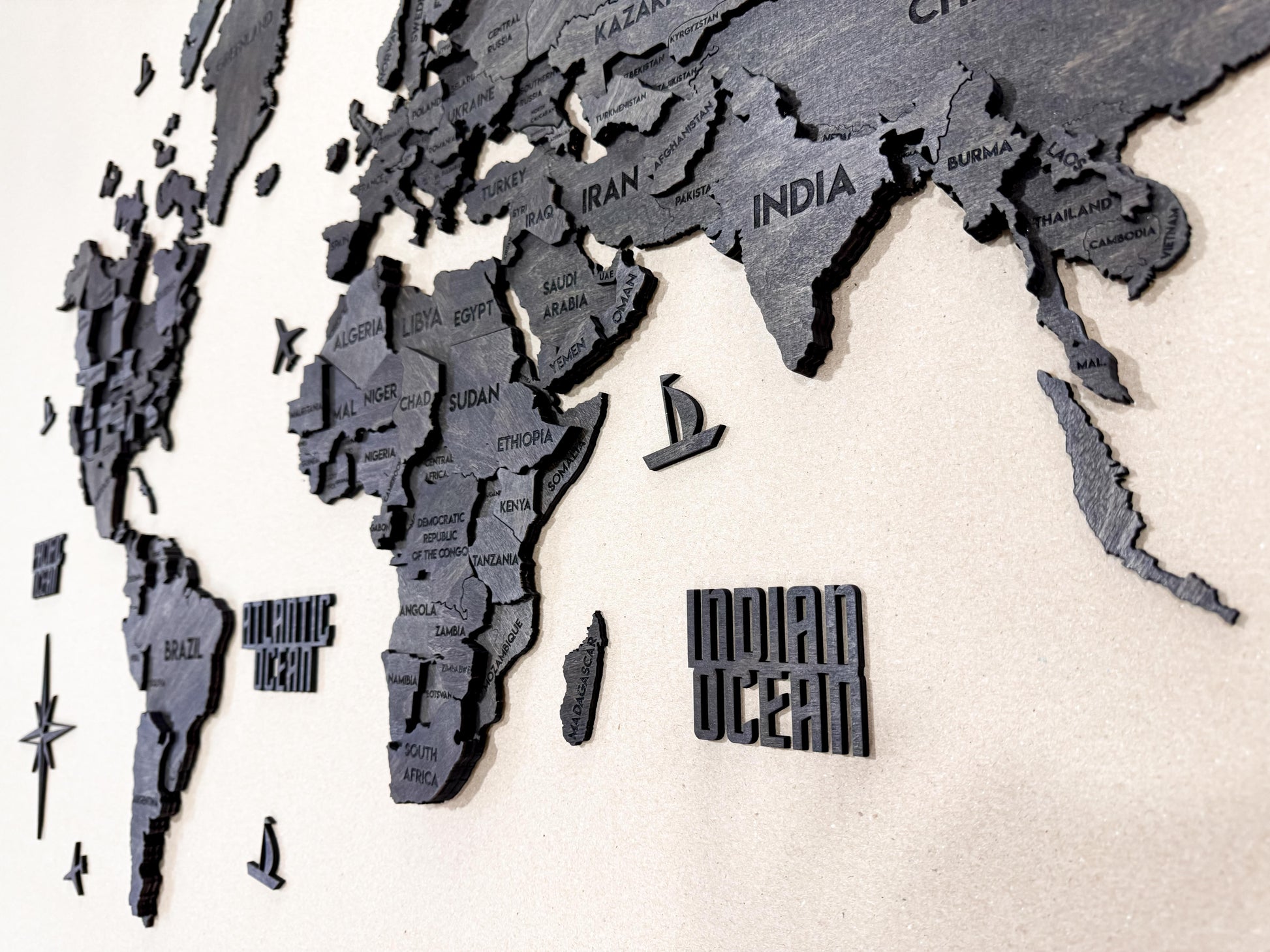 3D Wooden Multilayer world map color Dark