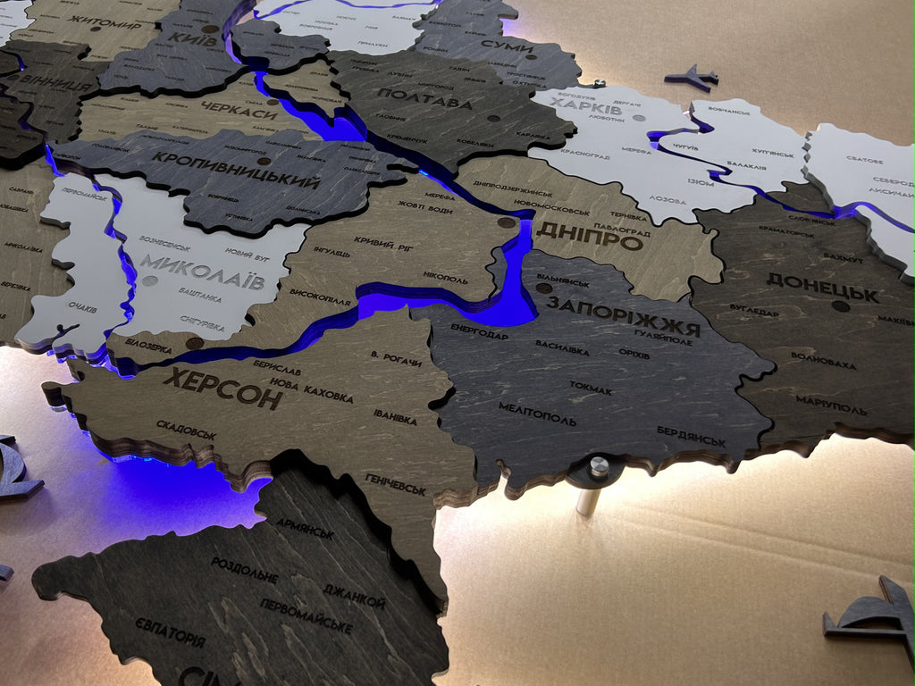 Multilayer Ukraine LED map with backlighting of rivers color Loft 2 detailed