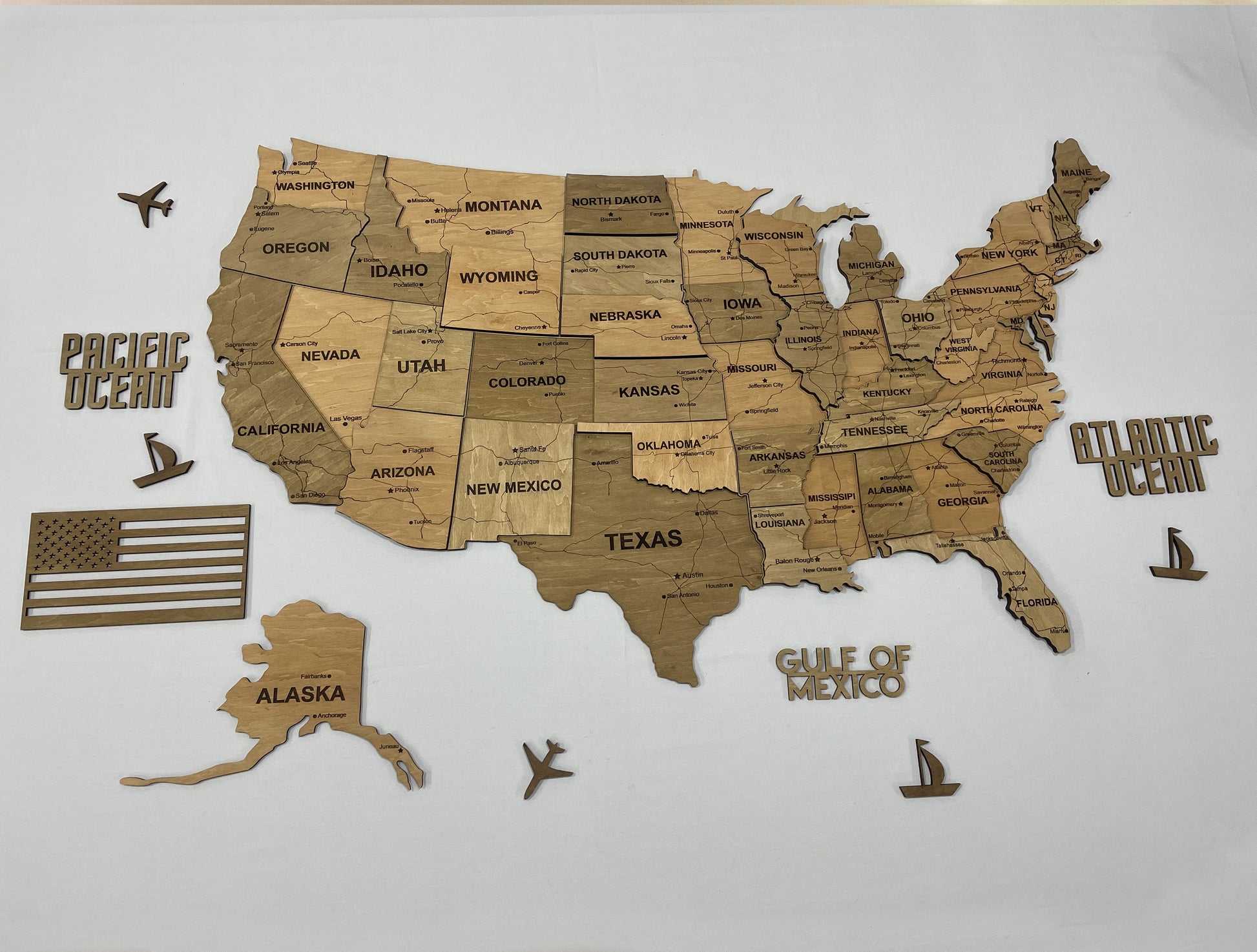 3D Wooden USA Map, color Light tree