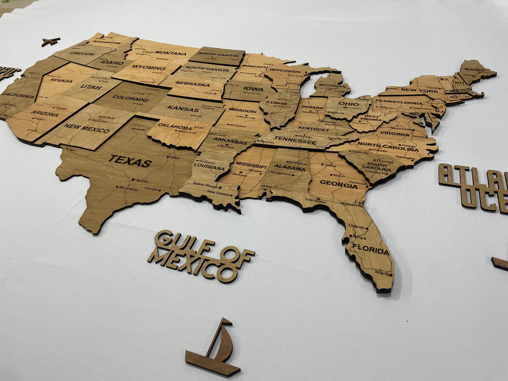 3D Wooden USA Map, color Light tree