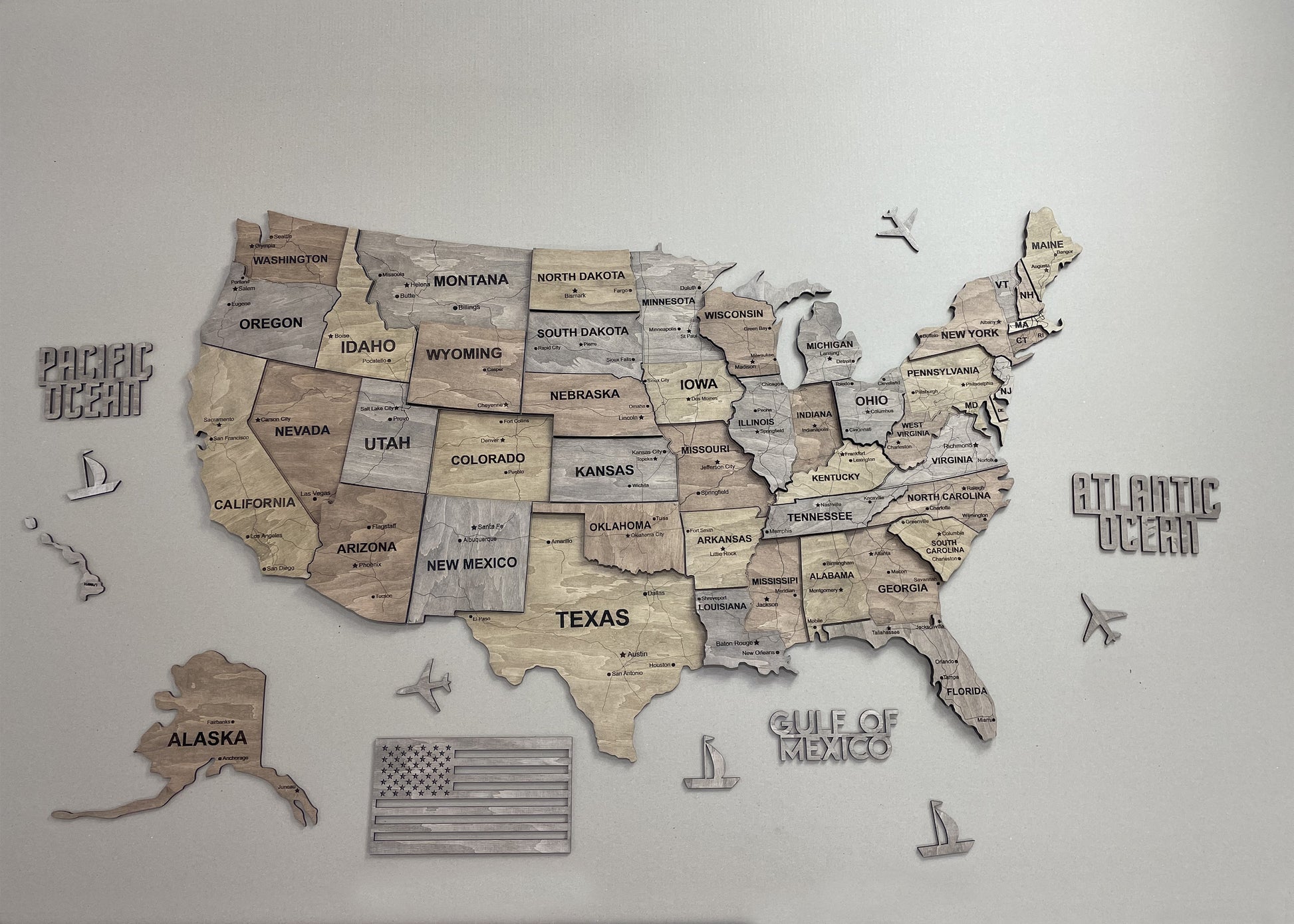 3D Wooden USA Map, color Dark Nut