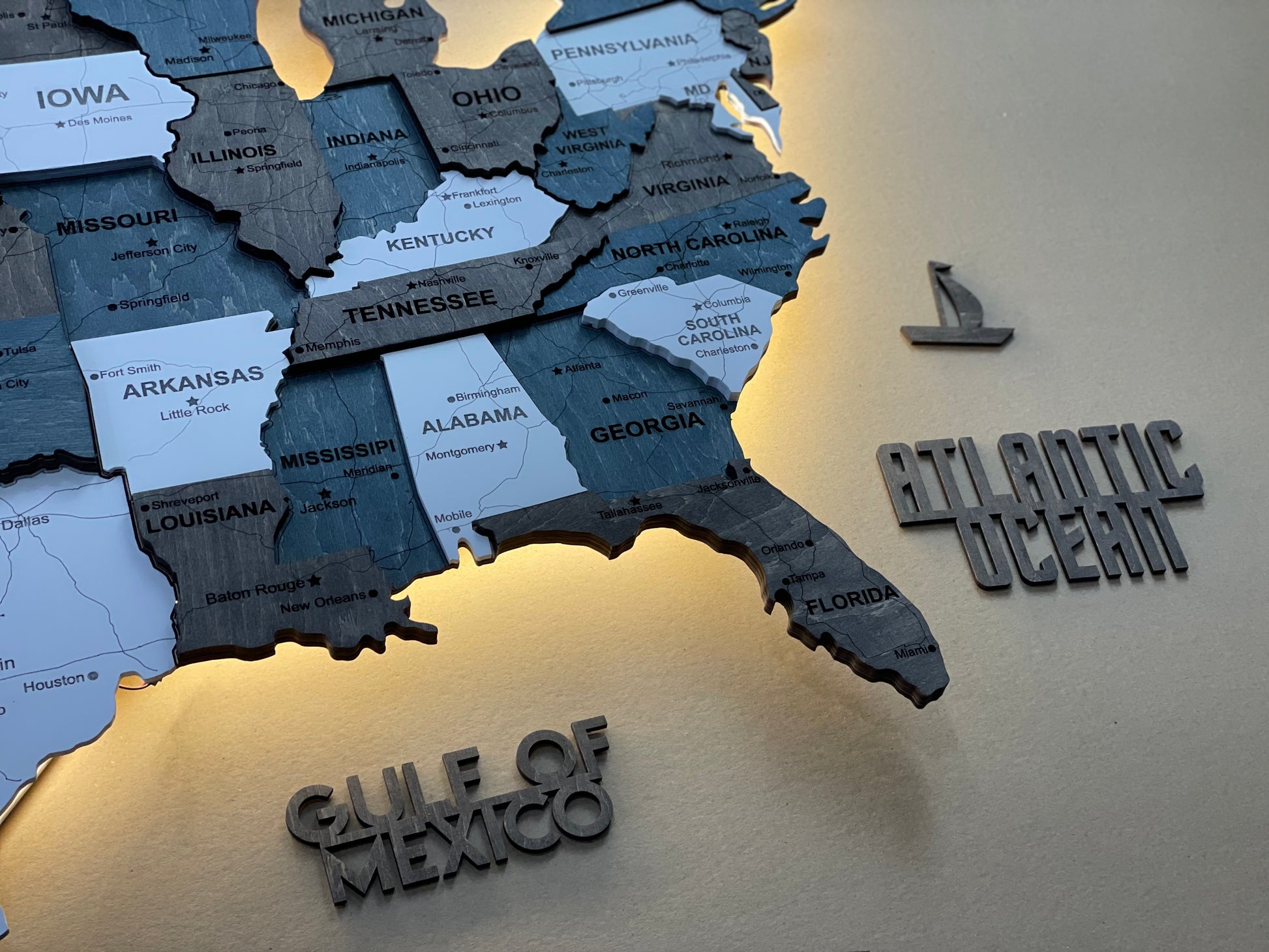 3D LED Wooden USA Map, color Loft