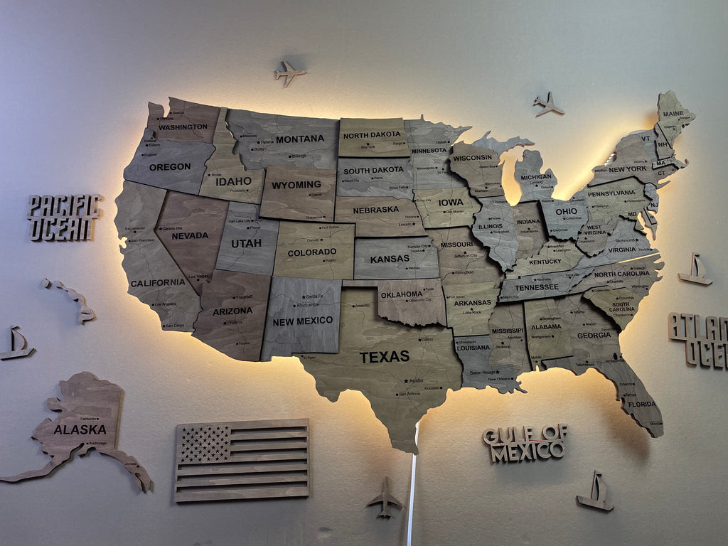 3D LED Wooden USA Map, color Dark Nut