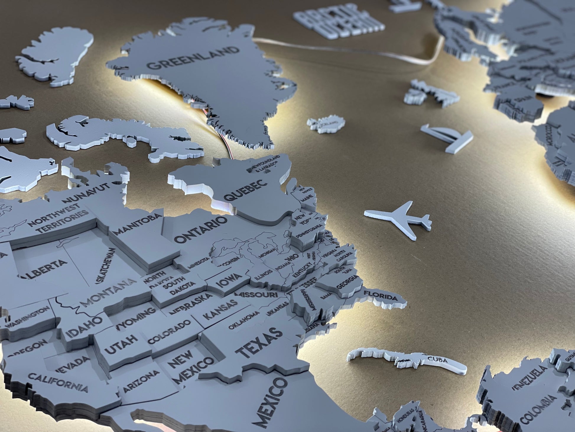 LED 3D Wooden Multilayer world map color White