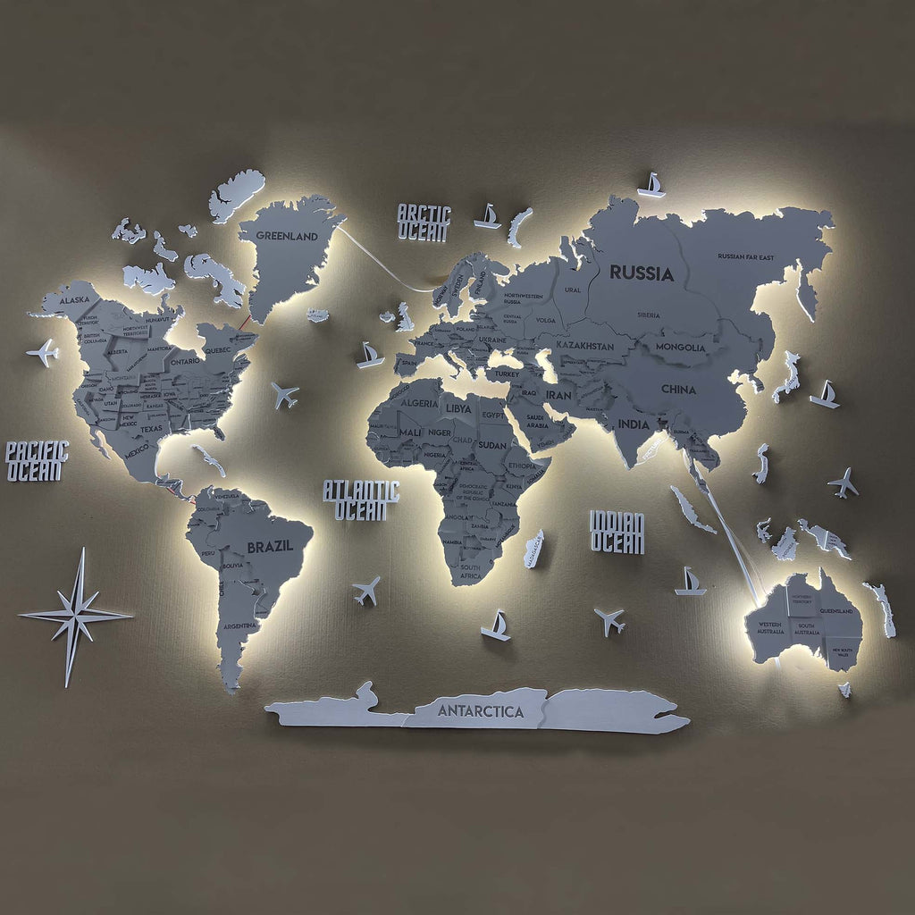 LED 3D Wooden Multilayer world map color White