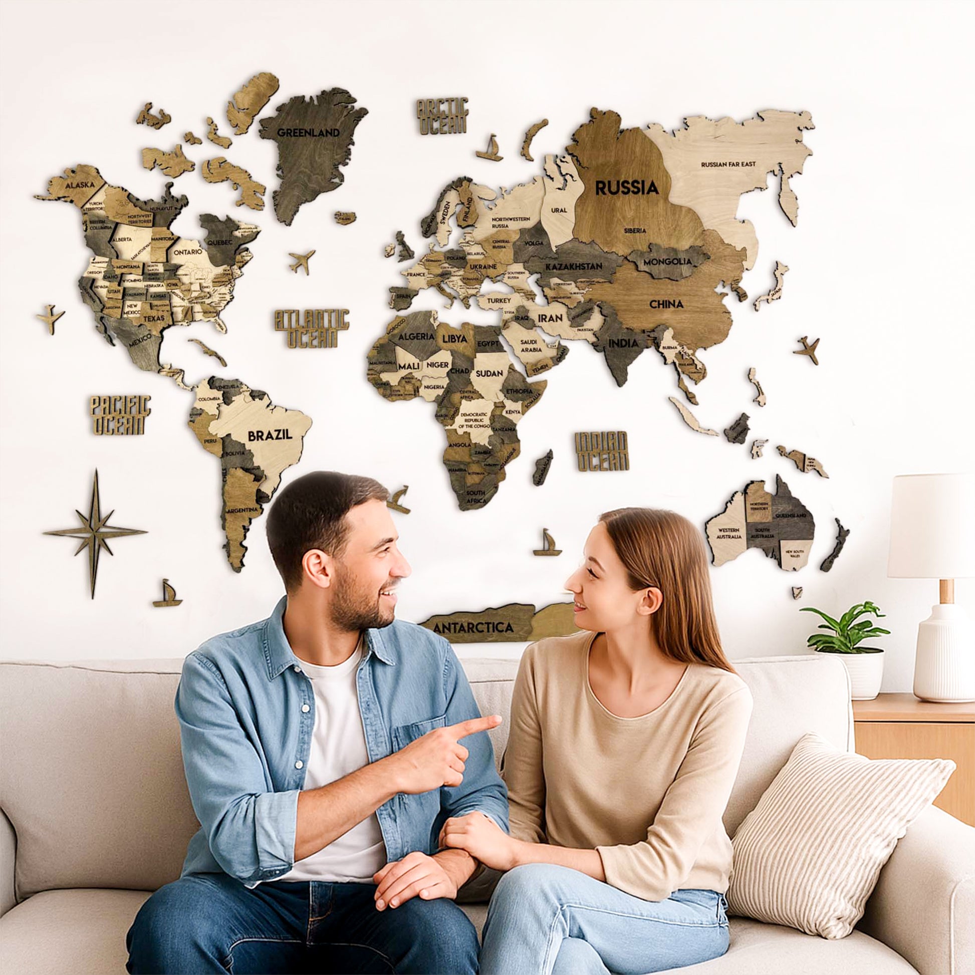 3D Wooden Multilayer world map color Wander